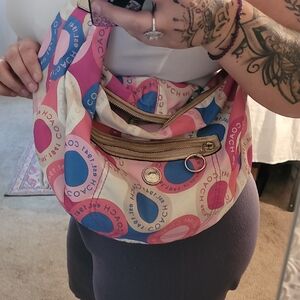 Coach Pink, Blue & Cream Circle-Print Hobo Bag